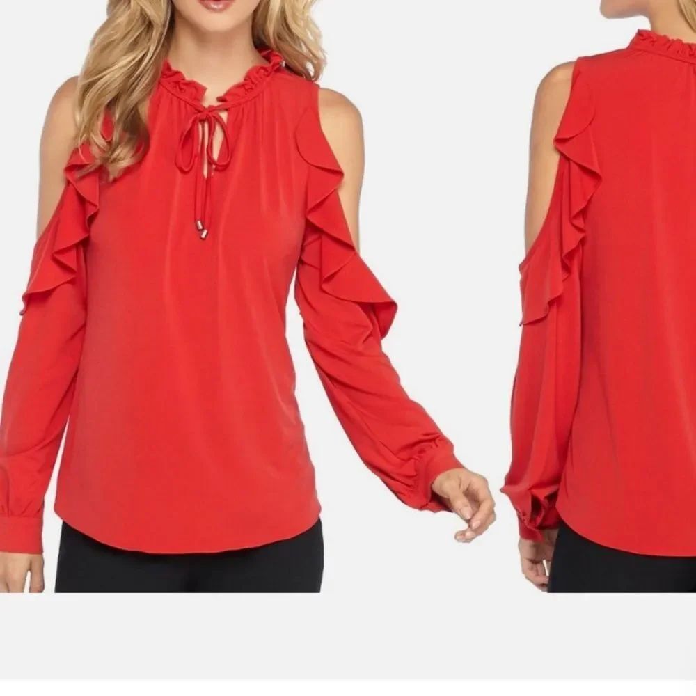 The Limited Red Cold-Shoulder Ruffled Tie Front Blouse. Size L